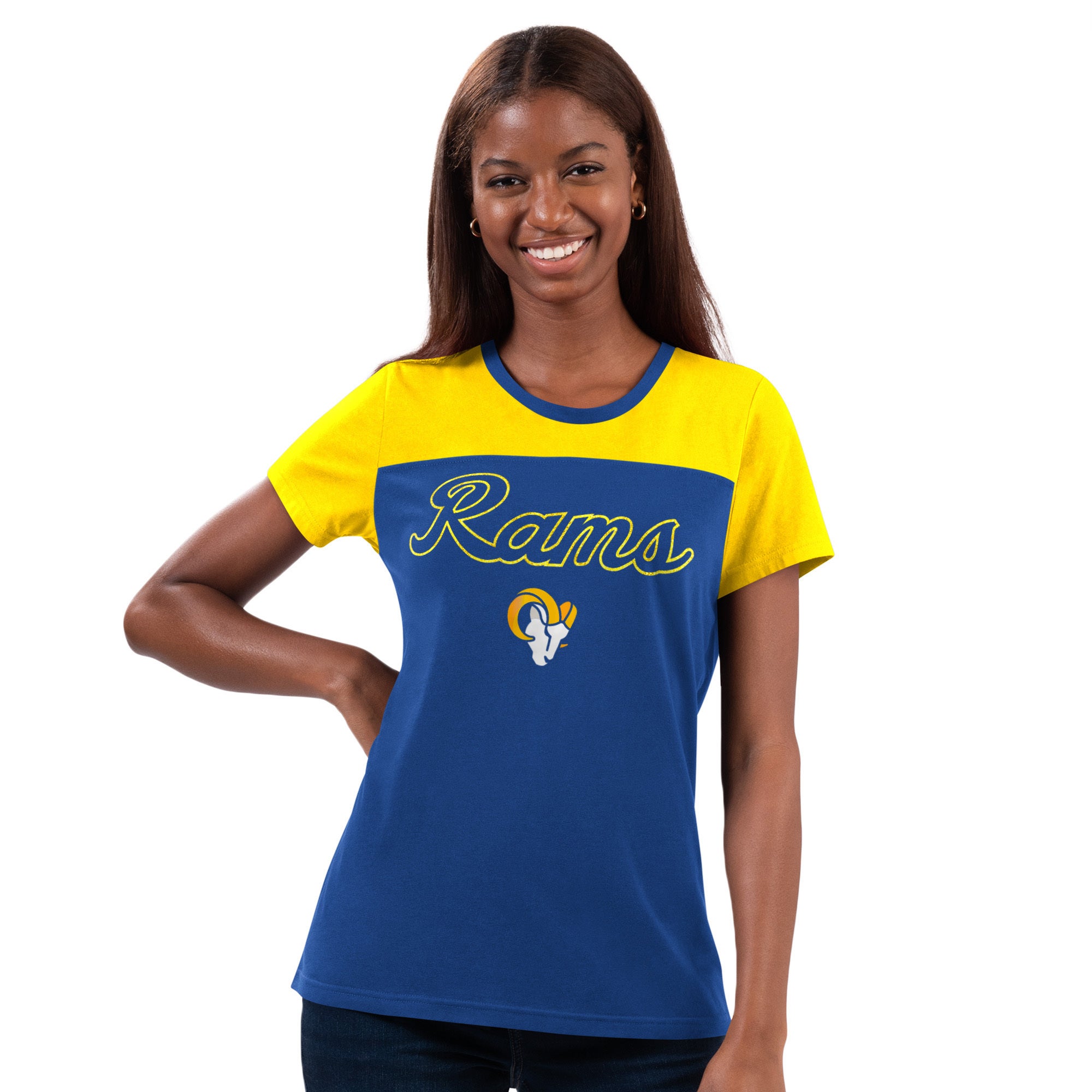 Los Angeles Rams Ladies Blue/Yellow Glitter g-III Shirt - Sports