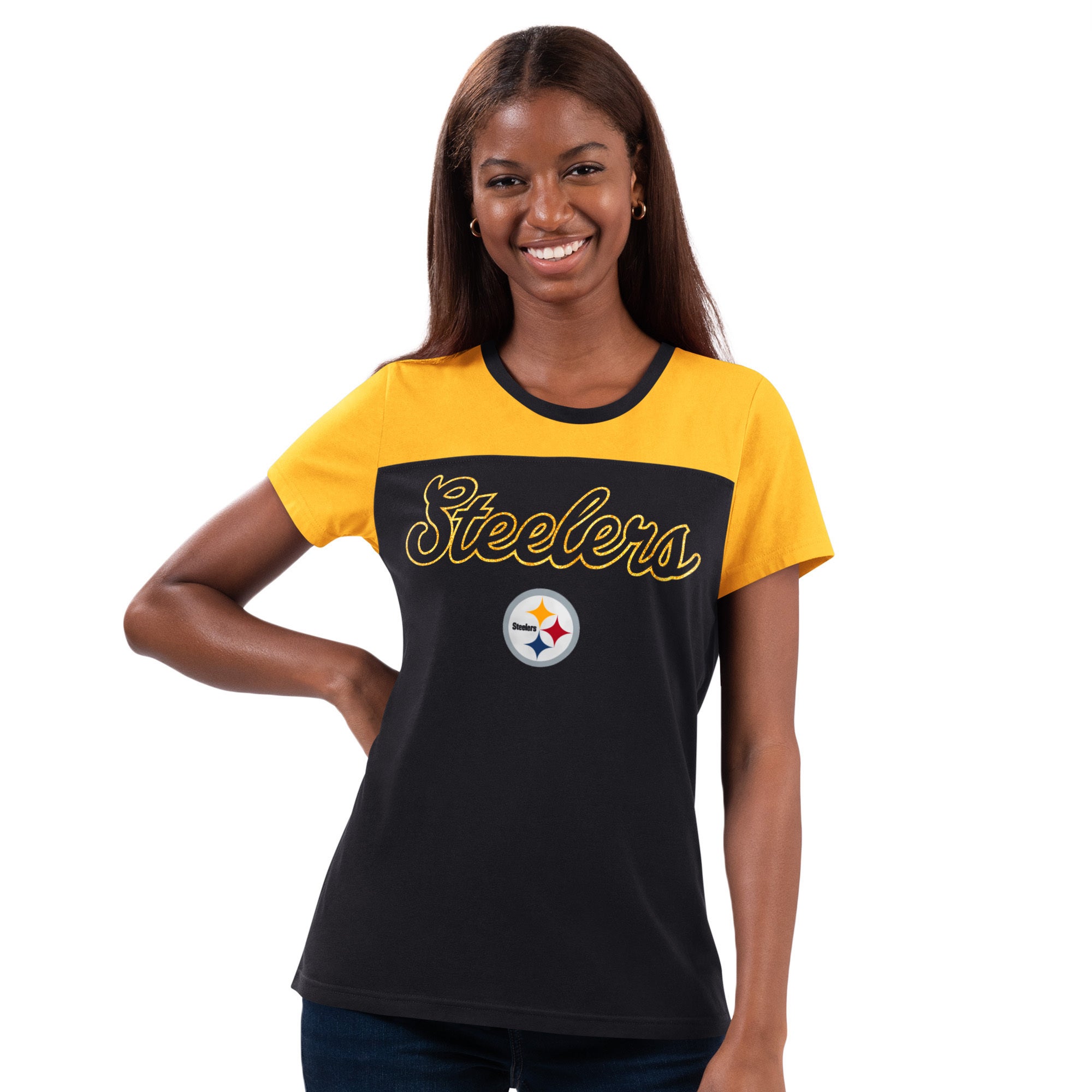 Pittsburgh Steelers Ladies Black/Yellow Glitter g-III Shirt - Sports Addict